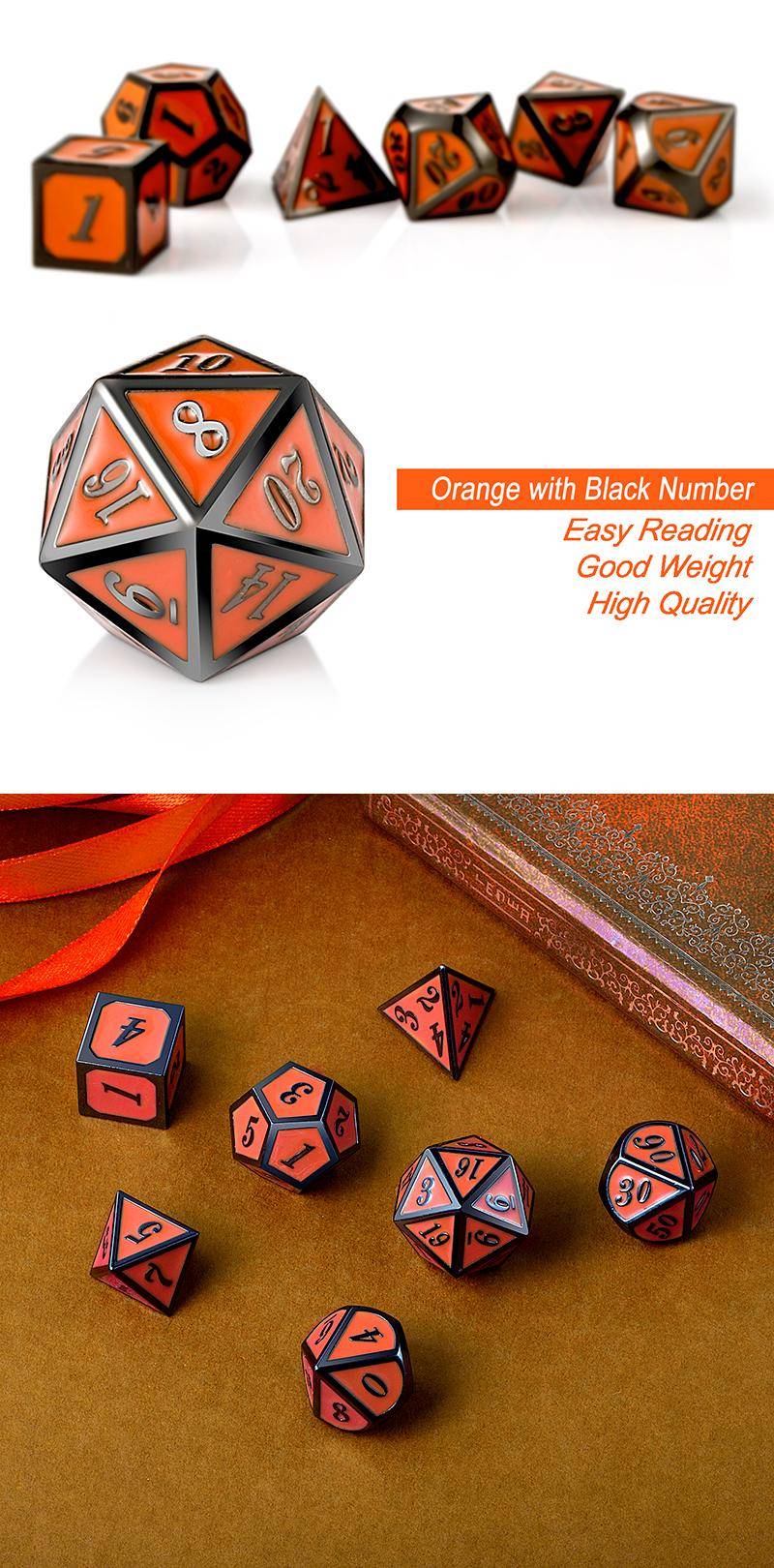Metal & Enamel Dice Set (7) Orange & Gunmetal