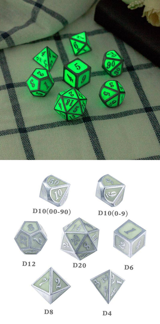 Metal & Enamel Dice Set (7) Green Glow in the Dark