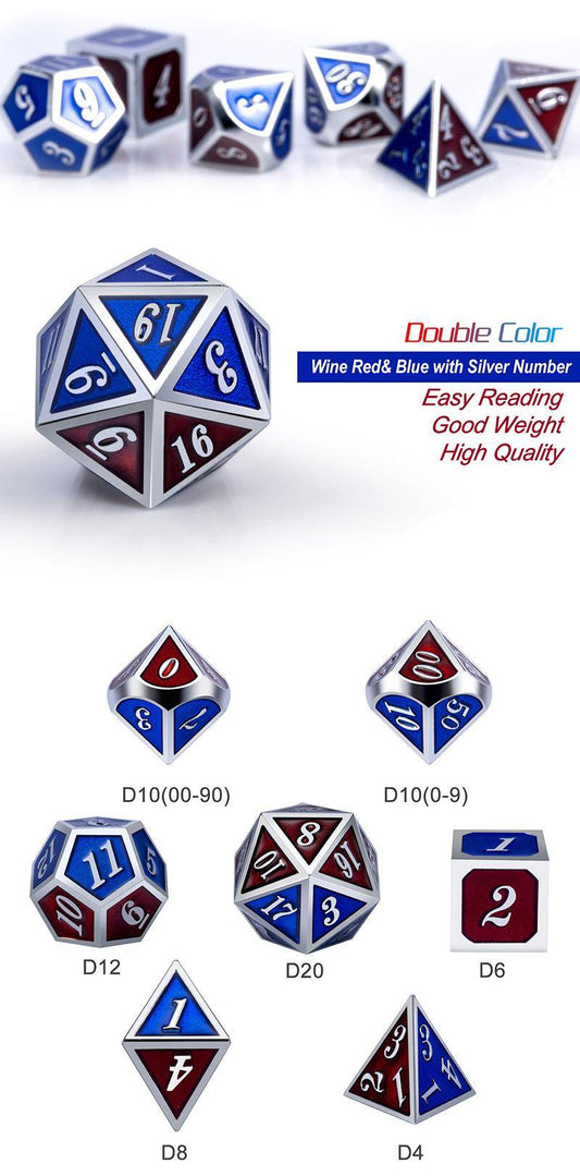 Metal & Enamel Dice Set (7) Burgundy & Blue