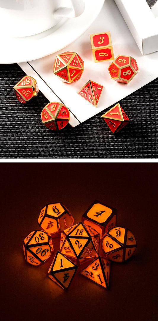 Metal & Enamel Dice Set (7) Red Glow in the Dark