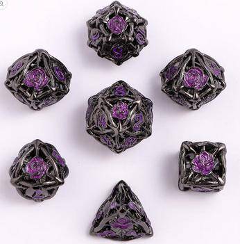 Würfelset: Hollow Rose Polyhedral Metal Dice Set Gunmetal w/Purple (7), sprachunabhängig