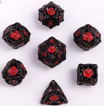 Würfelset: Hollow Rose Polyhedral Metal Dice Set Black w/Blood Spatter (7), sprachunabhängig